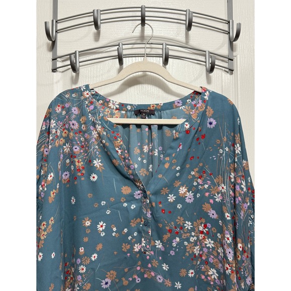 NYDJ Womens Plus Size 3X Teal Floral V-Neck 3/4 Sleeve Tunic Blouse‎ cottagecore - Picture 3 of 16